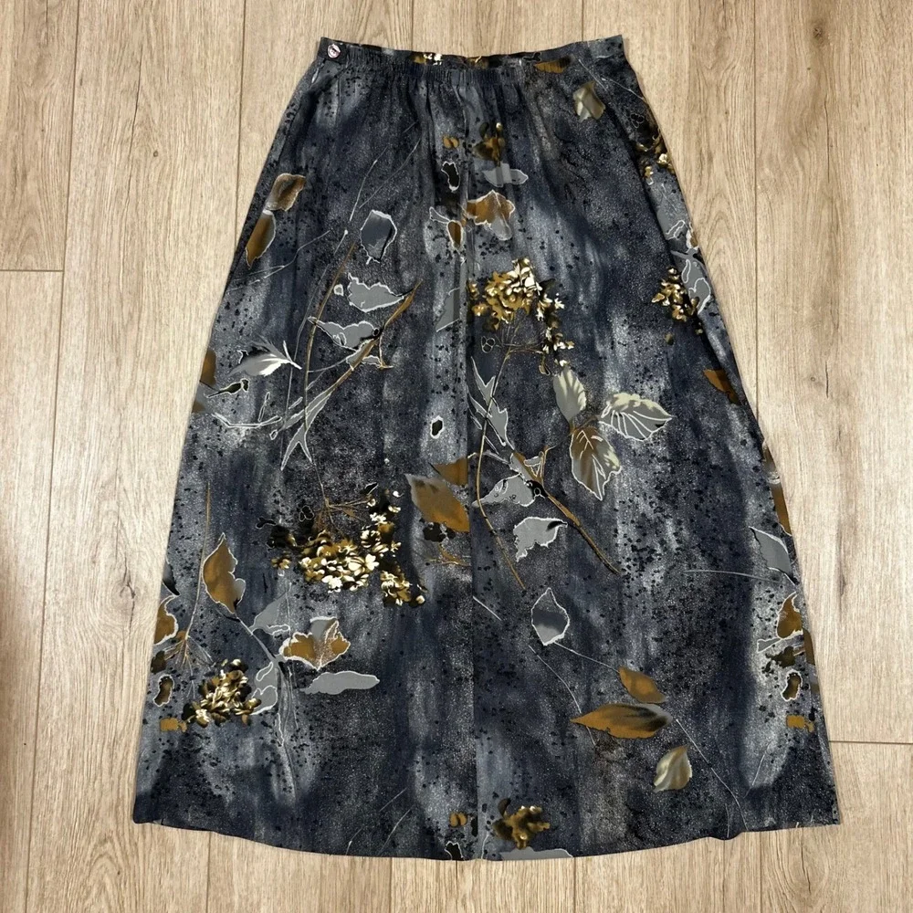 y2k N Touch Vintage Gray Floral Midi Skirt A-Line Abstract‎ Print USA small 26'